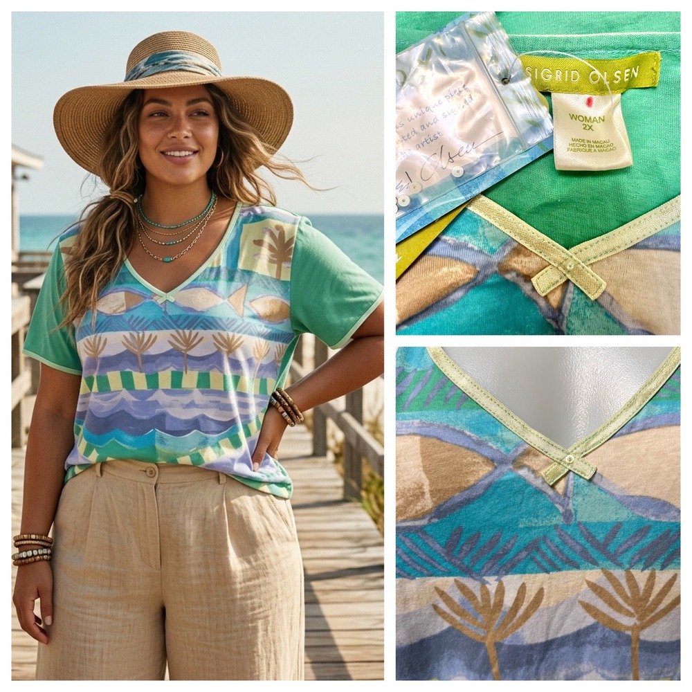 Sigrid Olsen Vintage 2005 Abstract Cotton Top 2X NWT Graphic Coastal Grandma